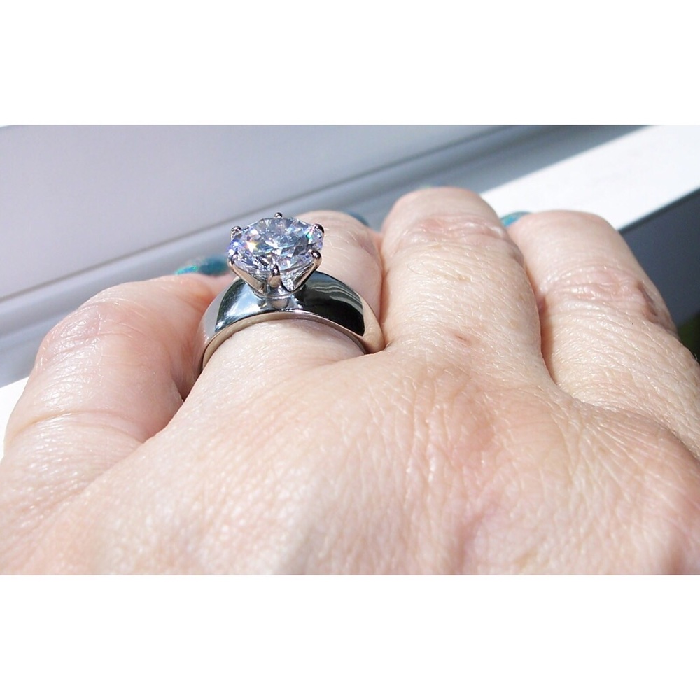 STAINLESS STEEL Round Cut Solitaire Cubic Zirconia Band Ring - Picture 5 of 16